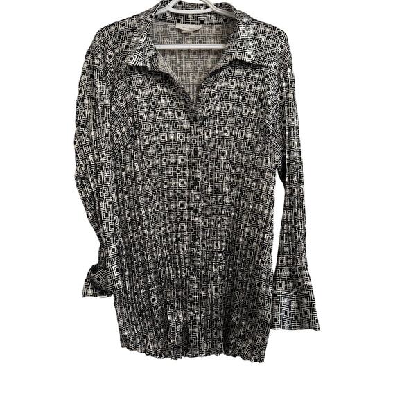 DressBarn Women Size 1x Black White Long Sleeve Blouse Button Up Vintage Shirt - Picture 1 of 6